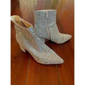 Betsey Johnson Silver Rhinestone Ankle Boots Sparkle Booties Women’s 7.5M
